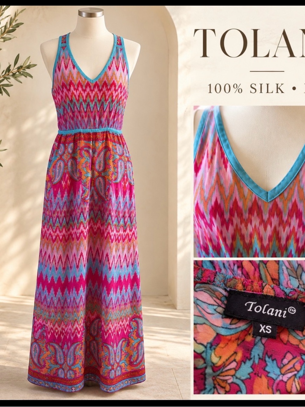 Tolani 100% Silk Paisley Chevron Maxi Dress XS Boho Resort